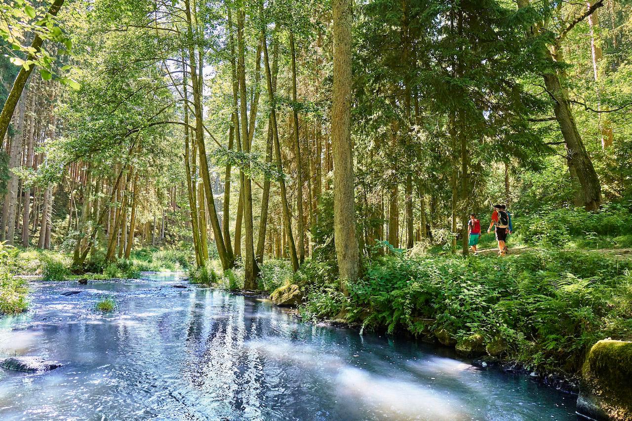 Rauschender Fluss und Teilnehmer der Sportreise im Bayerischen Wald